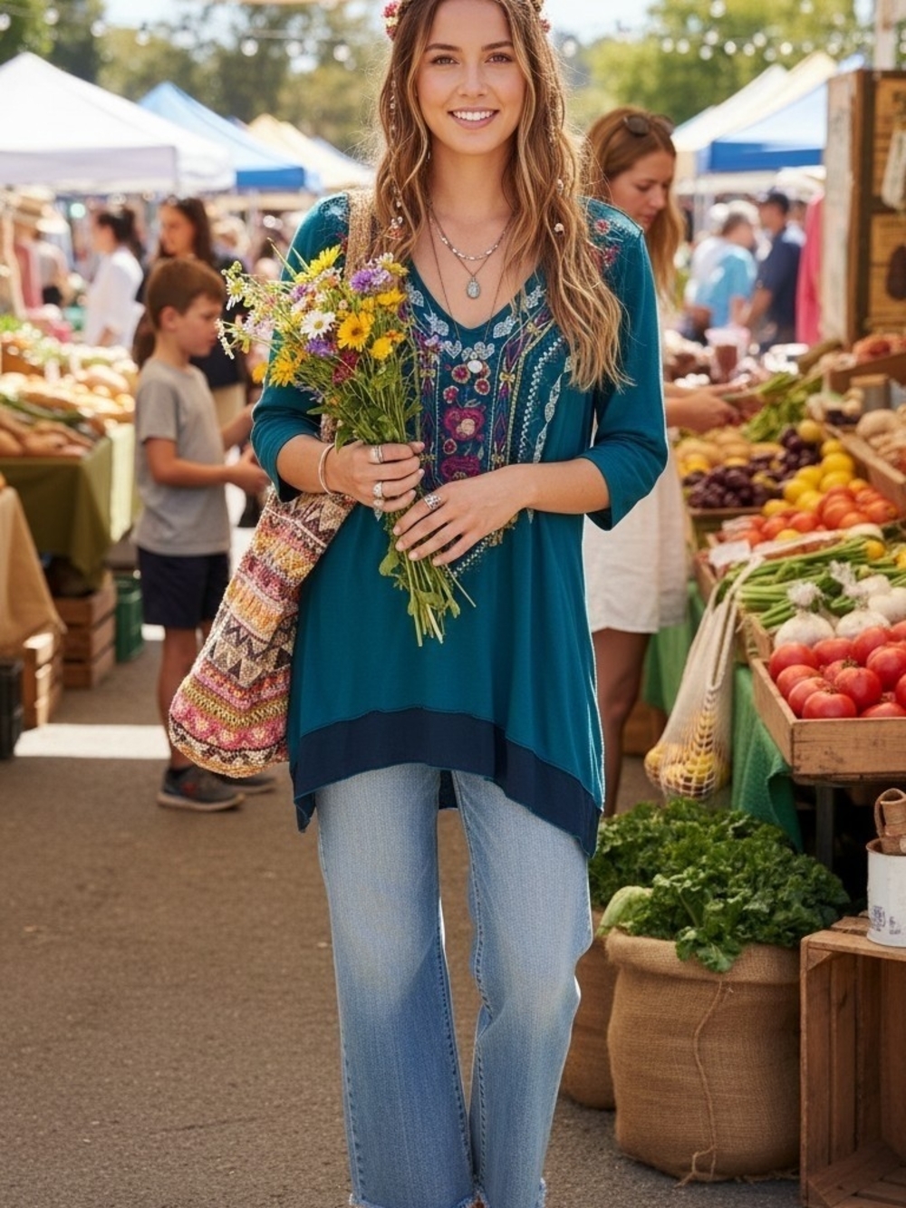 Jonhhy Was Boho Embroidered Teal V-Neck Women's Top
